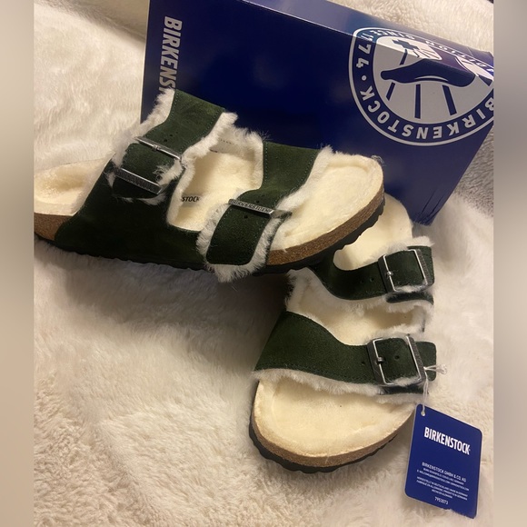 New men’s Birkenstock Arizona Mountain green genuine sheep fur lined sandal 42 - Picture 1 of 9